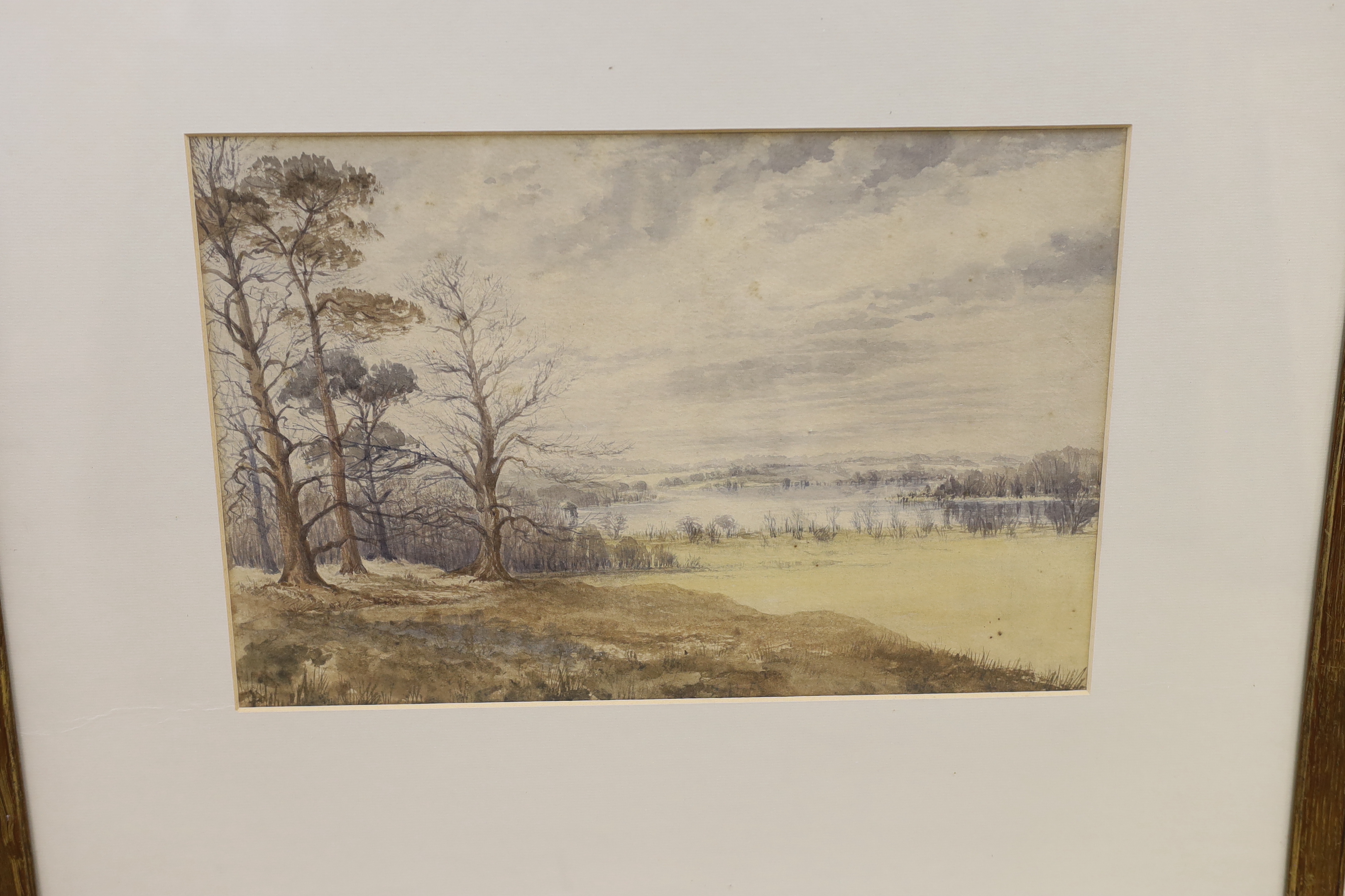 Attributed to Sir John Gilbert RA, BRWS (1817-1897), watercolour, 'Wroxham Broad, Norfolk', unsigned, inscribed verso JC 1883, together with a pair of mountainous landscapes with figures and cattle, 24 x 35cm